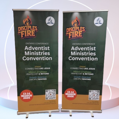Banners promoting the Ontario Conference of the Disciples of Fire, highlighting the Adventist Minist.